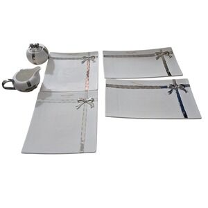 Cynthia Rowley White Silver Ribbon Bow 6pc Serving Set Plates Creamer Sugar Bowl
